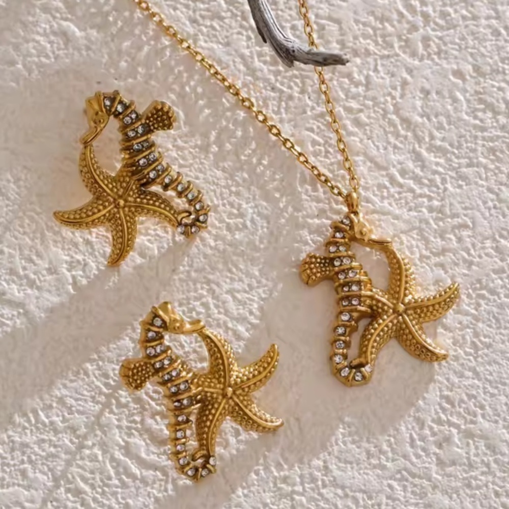 Seahorse Starfish 18KGold Stainless Steel Waterproof Jewelry Set
